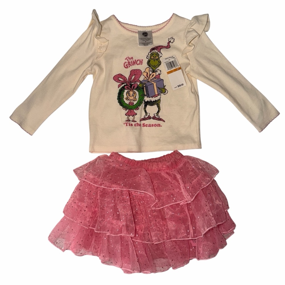 The Grinch Girls 3T Christmas Outfit Pink Tutu Skirt Set NWT